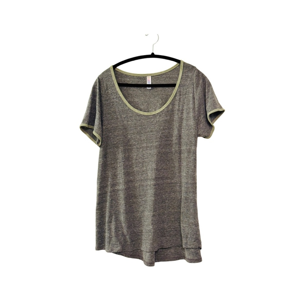 LuLaRoe Gray Short Sleeve Scoop Neck Tee with Olive Trim